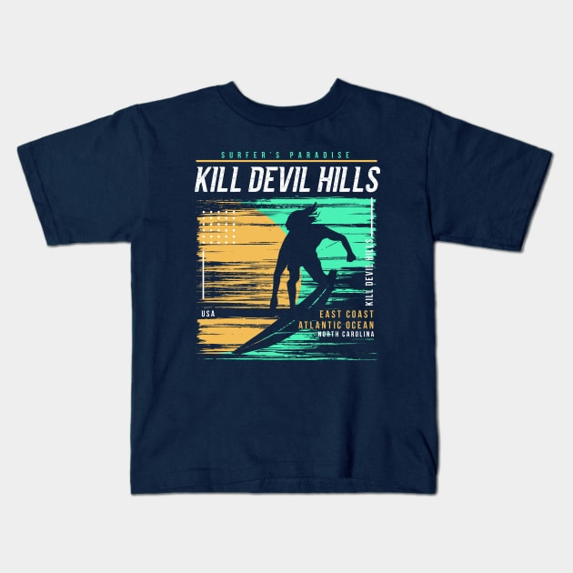 Retro Surfing Kill Devil Hills, North Carolina // Vintage Surfer Beach // Surfer's Paradise Kids T-Shirt by Now Boarding